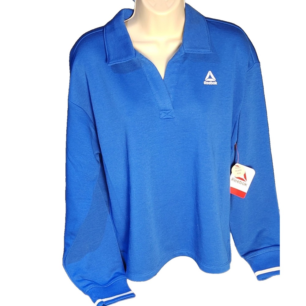 NWT Reebok Womens L Blue Varsity Polo Sweatshirt V-Neck Pullover Preppy Sporty